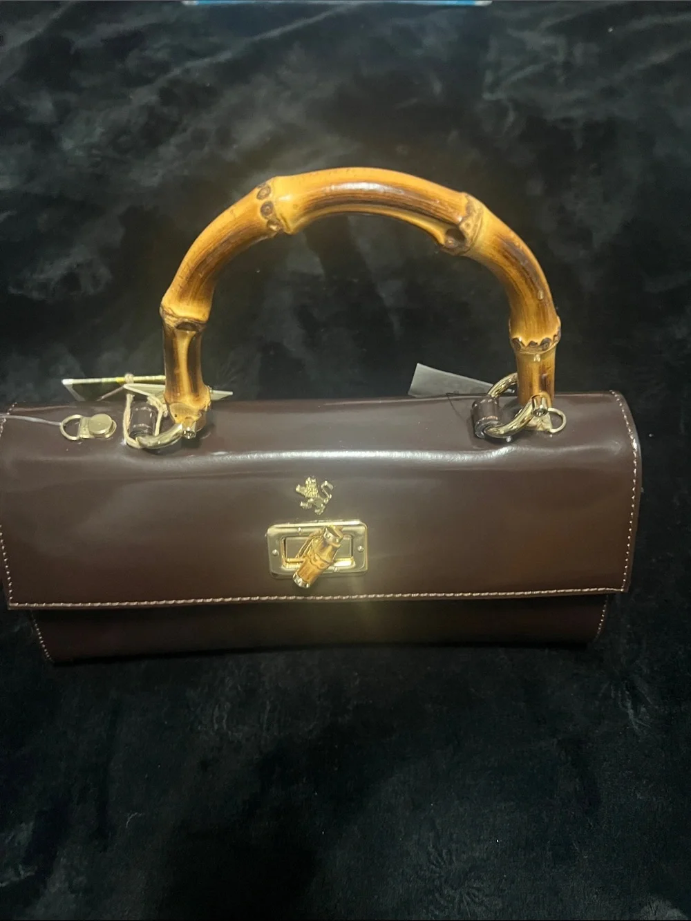 Pratesi Patent Dark Brown Top-Handle Satchel with Bamboo Handle